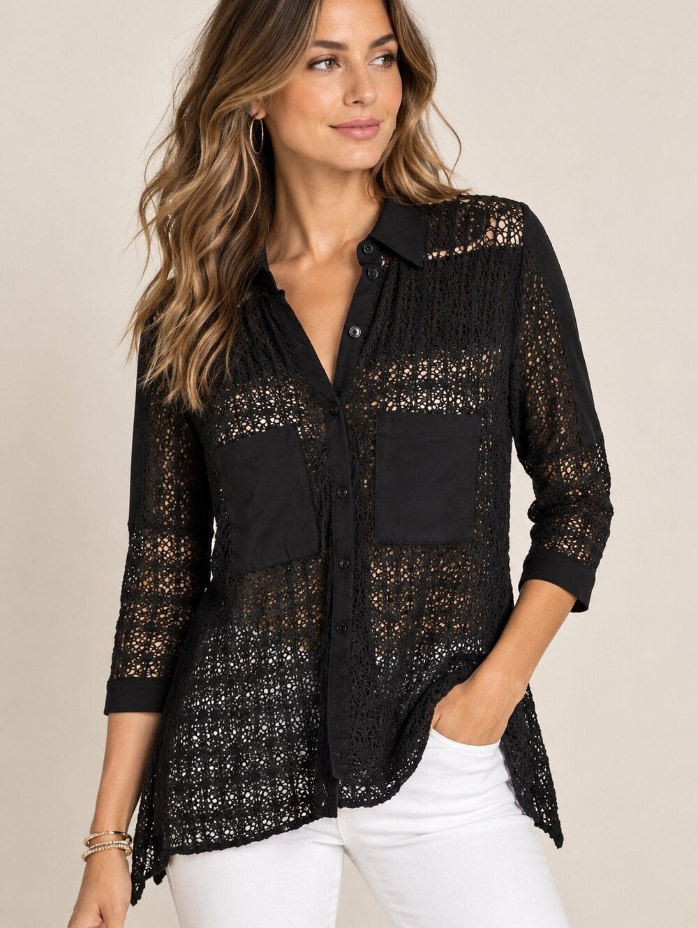 454.Anne Fontaine Pharelle Black Crochet Button-Down Shirt 3/4 Sleeves